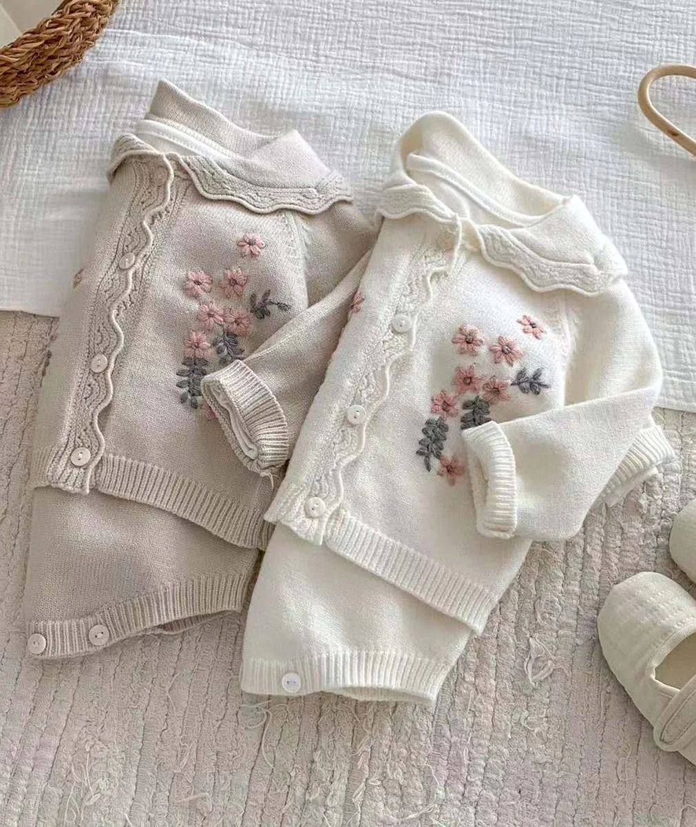 Baby Girls’ Knit Suspender Romper & Embroidered Cardigan Set - 2421 - Sand Beige - Image 3