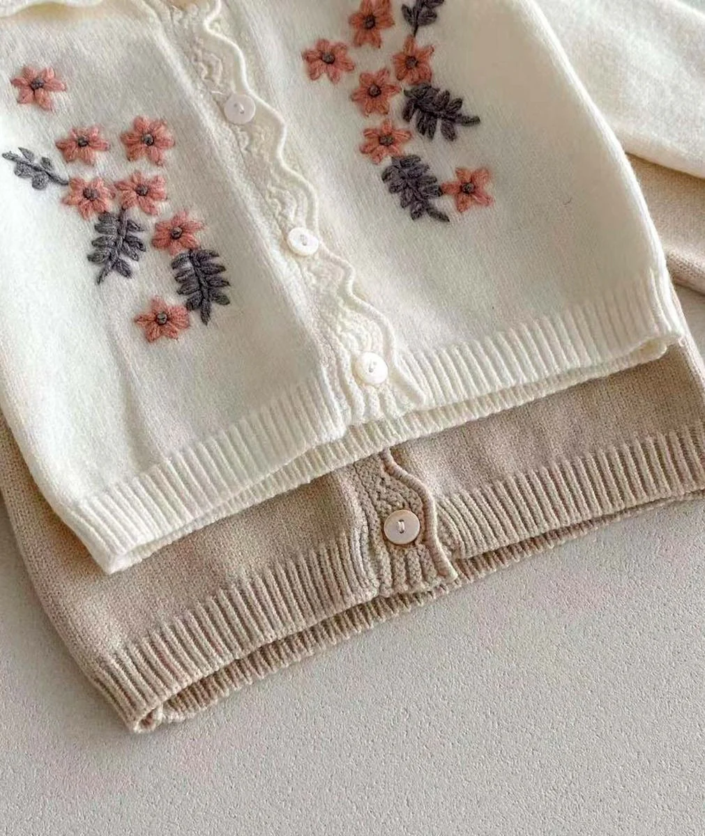 Baby Girls’ Knit Suspender Romper & Embroidered Cardigan Set - 2421 - Sand Beige - Image 6