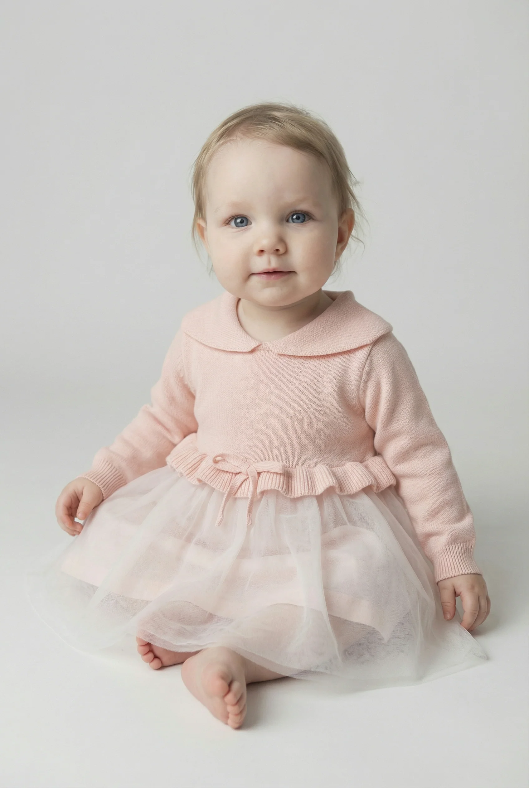 Baby Girls Knit & Tulle Dress with Peter Pan Collar - Pink