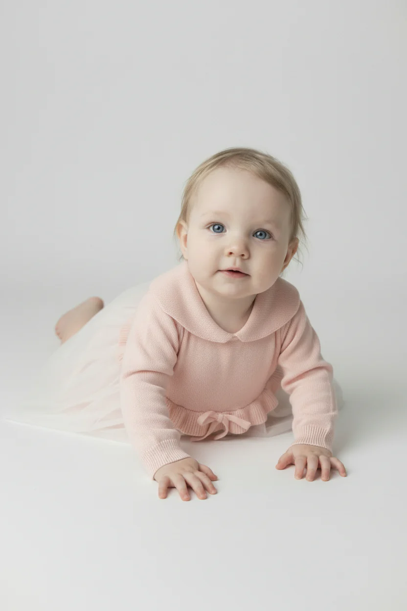 Baby Girls Knit & Tulle Dress with Peter Pan Collar - Pink - Image 2