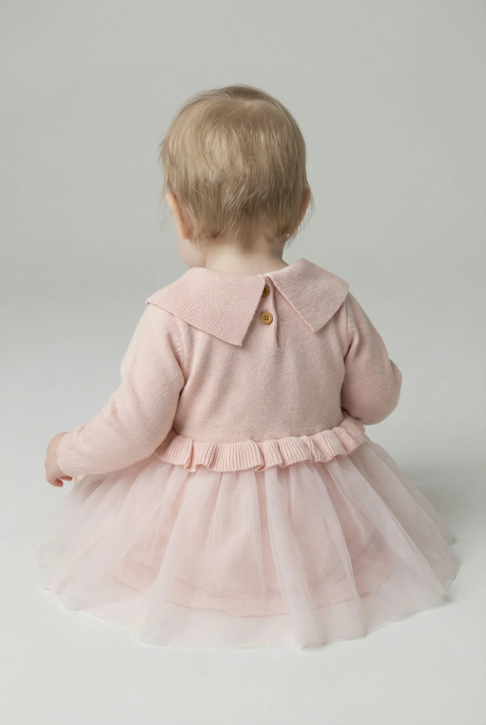 Baby Girls Knit & Tulle Dress with Peter Pan Collar - Pink - Image 3
