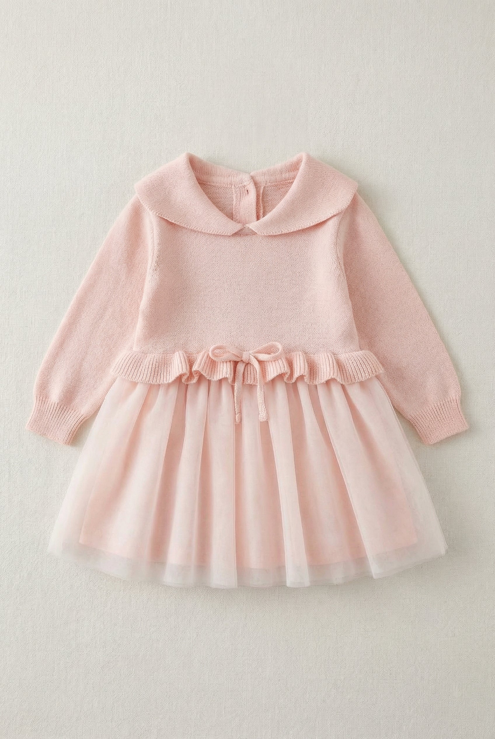 Baby Girls Knit & Tulle Dress with Peter Pan Collar - Pink - Image 4