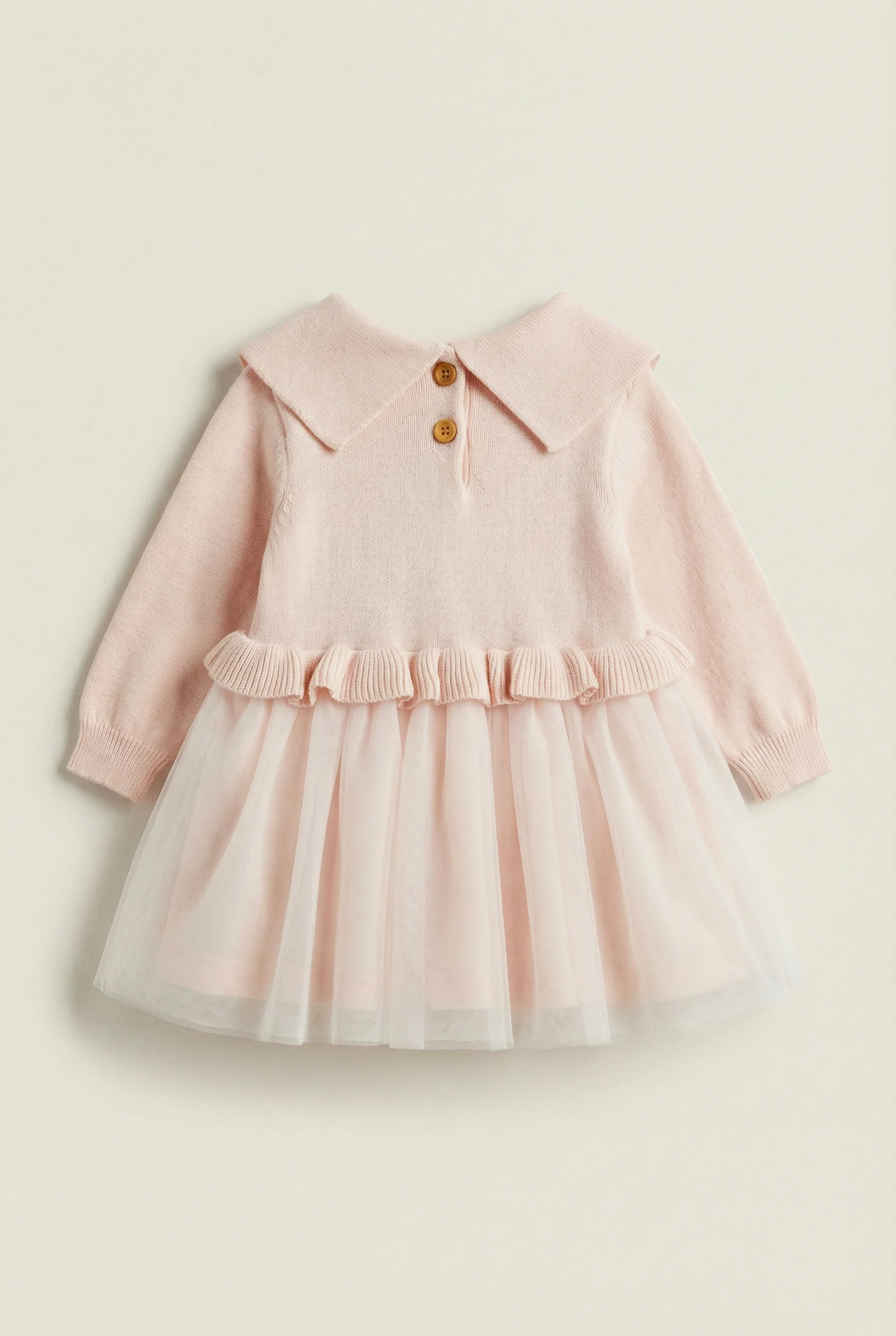 Baby Girls Knit & Tulle Dress with Peter Pan Collar - Pink - Image 5