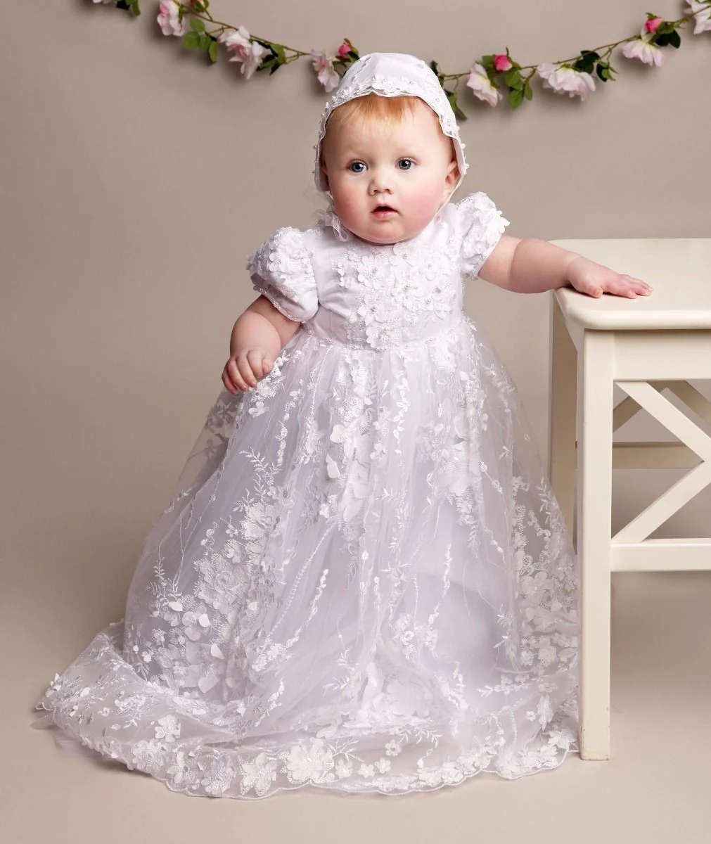 Baby Girls Lace Heirloom Christening Gown & Bonnet - RACHEAL - White - Image 2