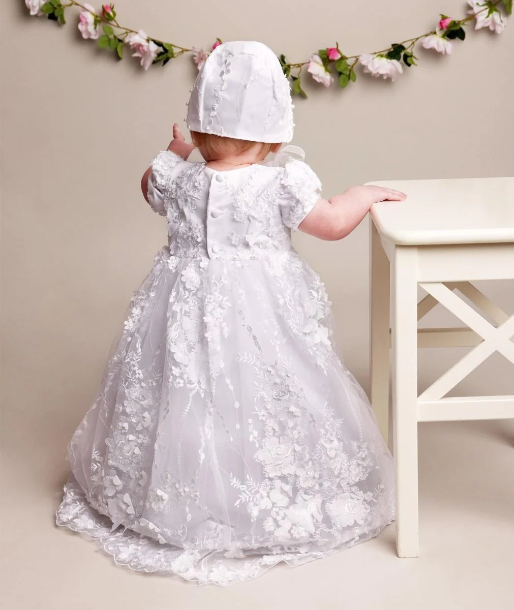 Baby Girls Lace Heirloom Christening Gown & Bonnet - RACHEAL - White - Image 3