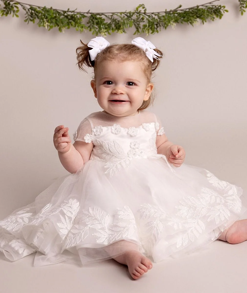 Baby Girls Leaf Lace Ivory Bow Dress - ANAYA - Ivory - Image 3