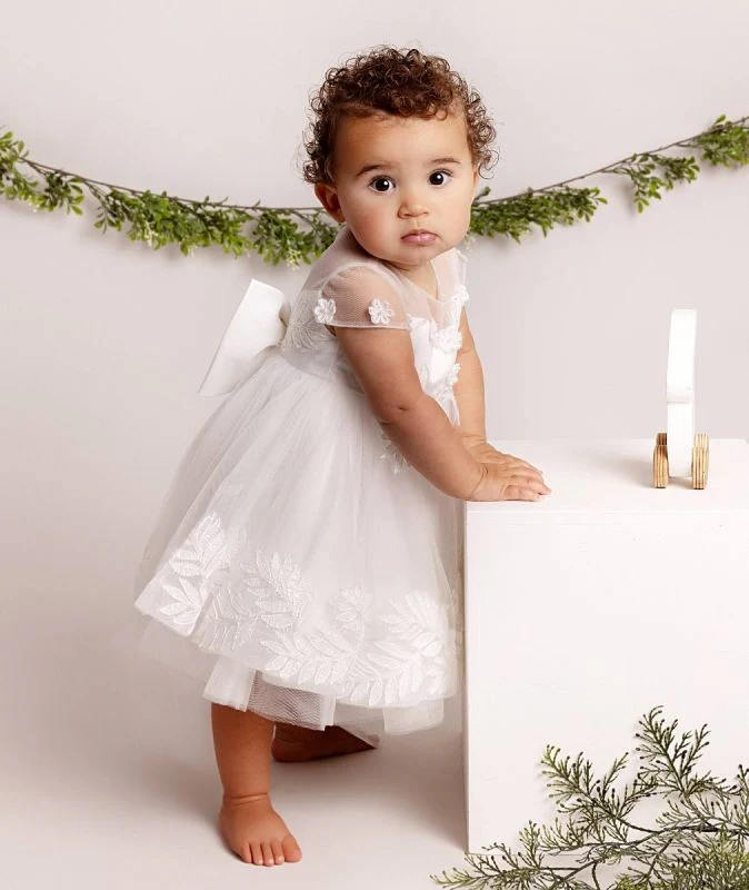 Baby Girls Leaf Lace Ivory Bow Dress - ANAYA - Ivory - Image 4