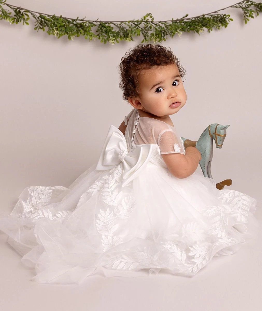 Baby Girls Leaf Lace Ivory Bow Dress - ANAYA - Ivory - Image 5