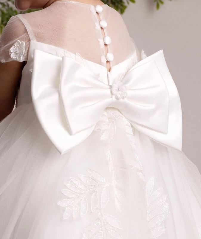 Baby Girls Leaf Lace Ivory Bow Dress - ANAYA - Ivory - Image 6