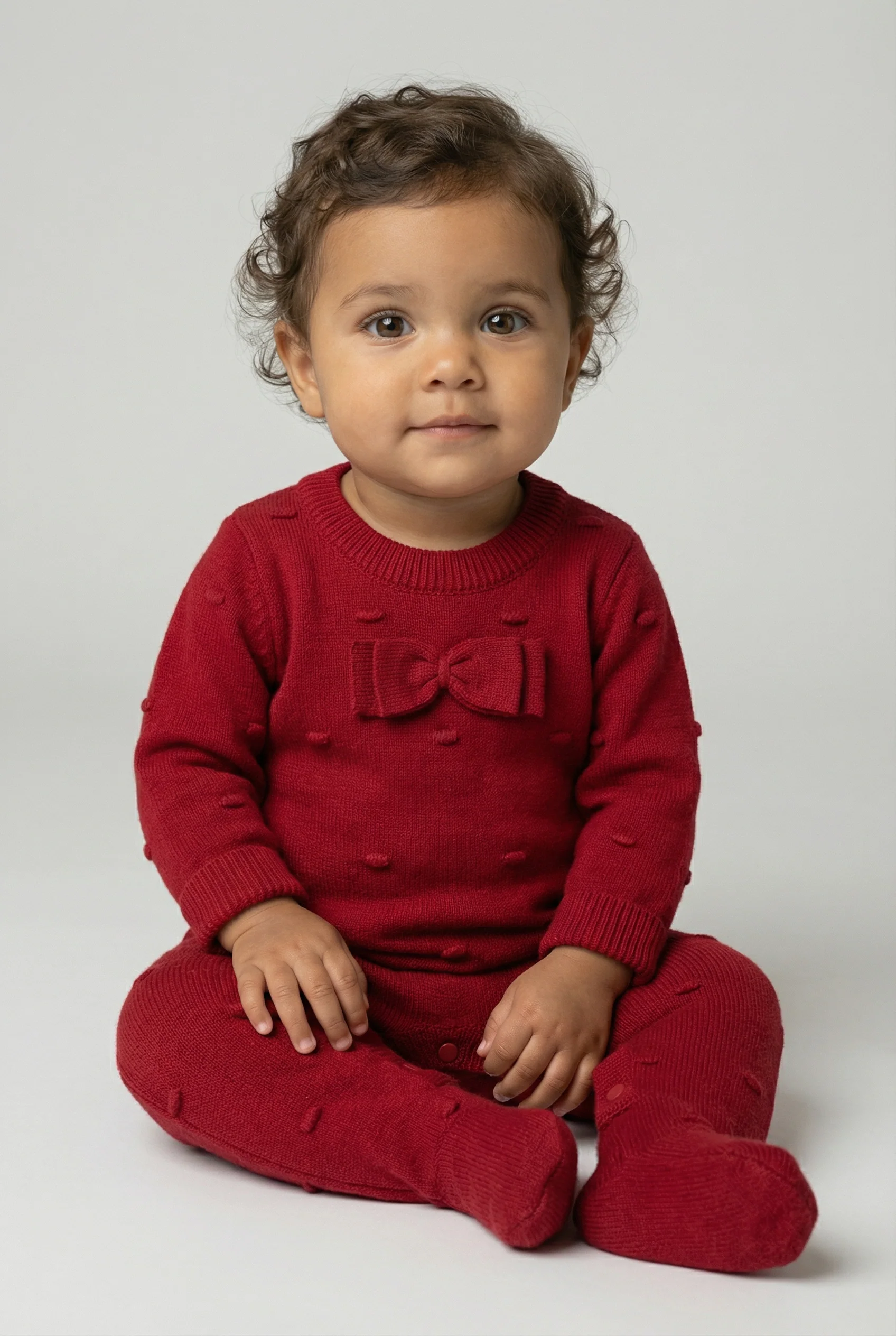Baby Girls Long Sleeve Knit Romper with Bow Red - Image 2