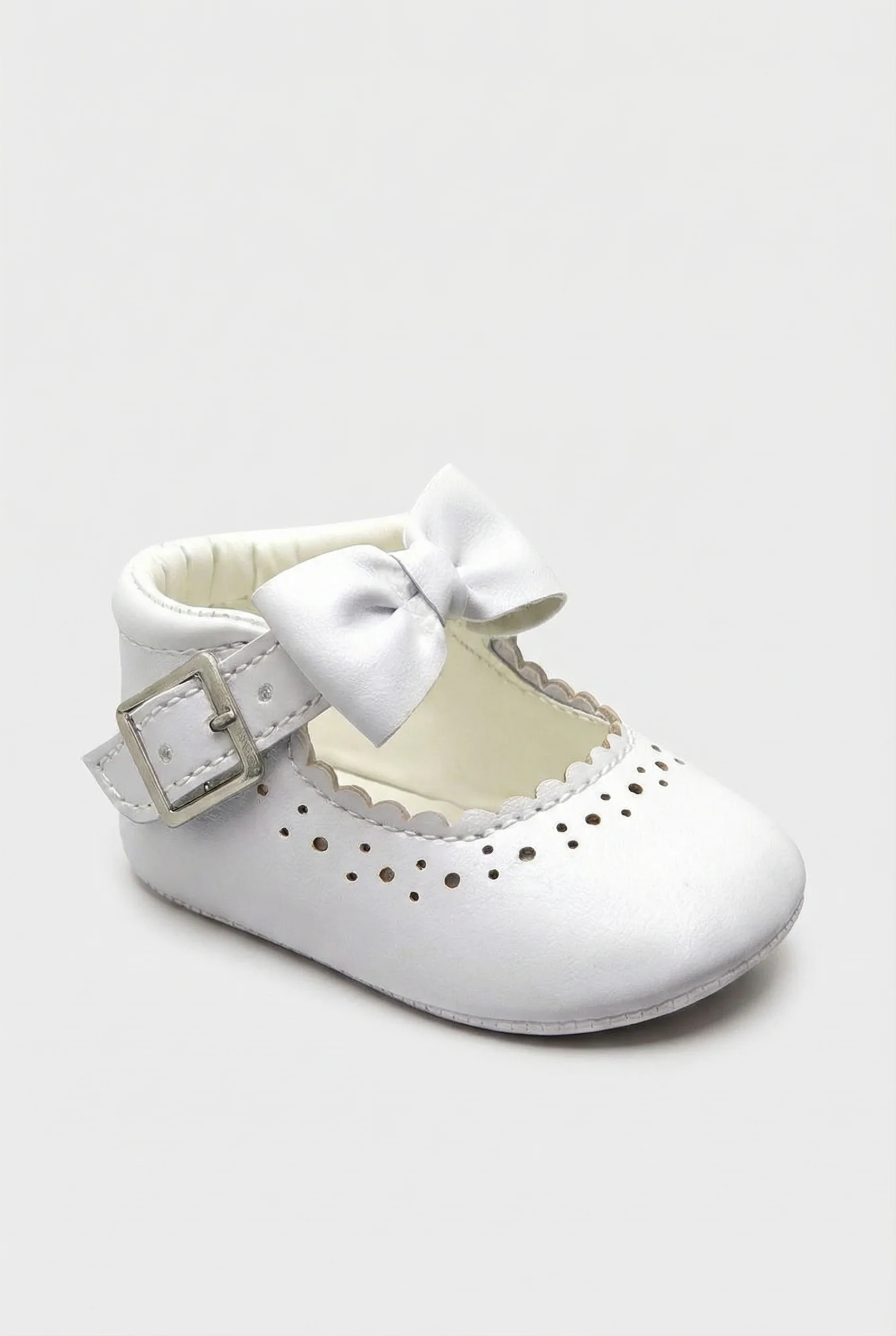 Baby Girls Mary Jane Flats with Bow & Scalloped Trim - Beatrice - White