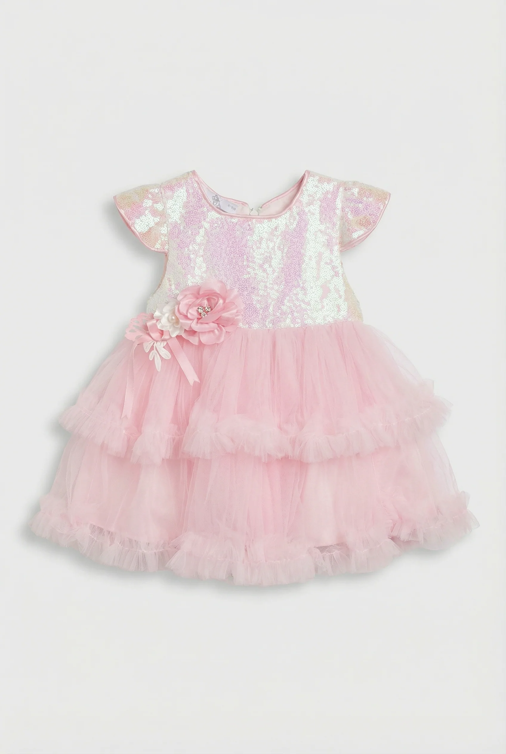 Baby Girls Pink Sequin Tulle Party Dress with Headband - Image 4