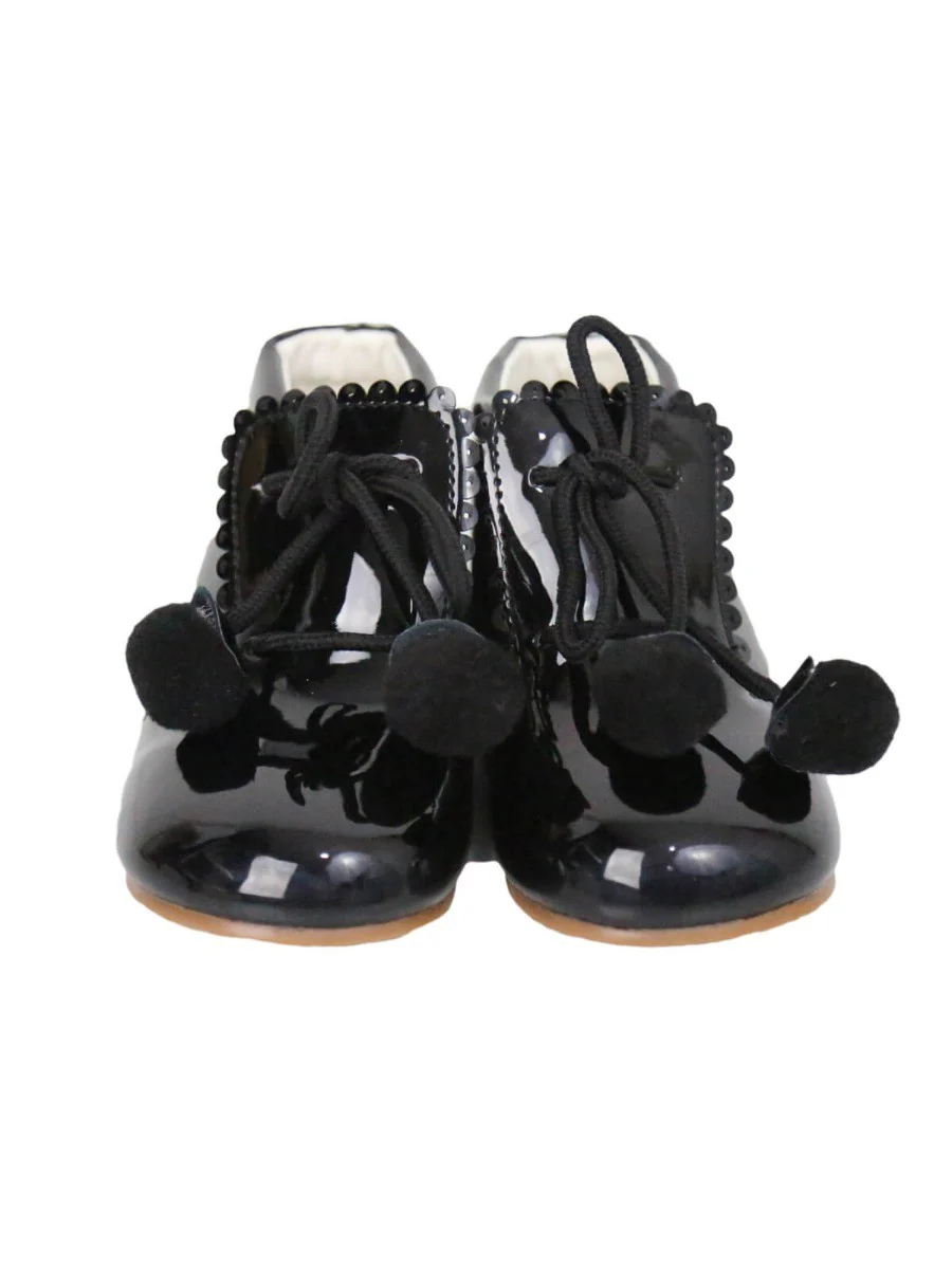 Baby Girls Pom Pom Patent Booties - Black - Image 2