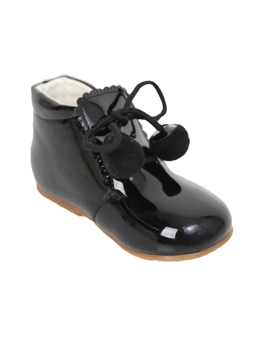 Baby Girls Pom Pom Patent Booties - Black - Image 4