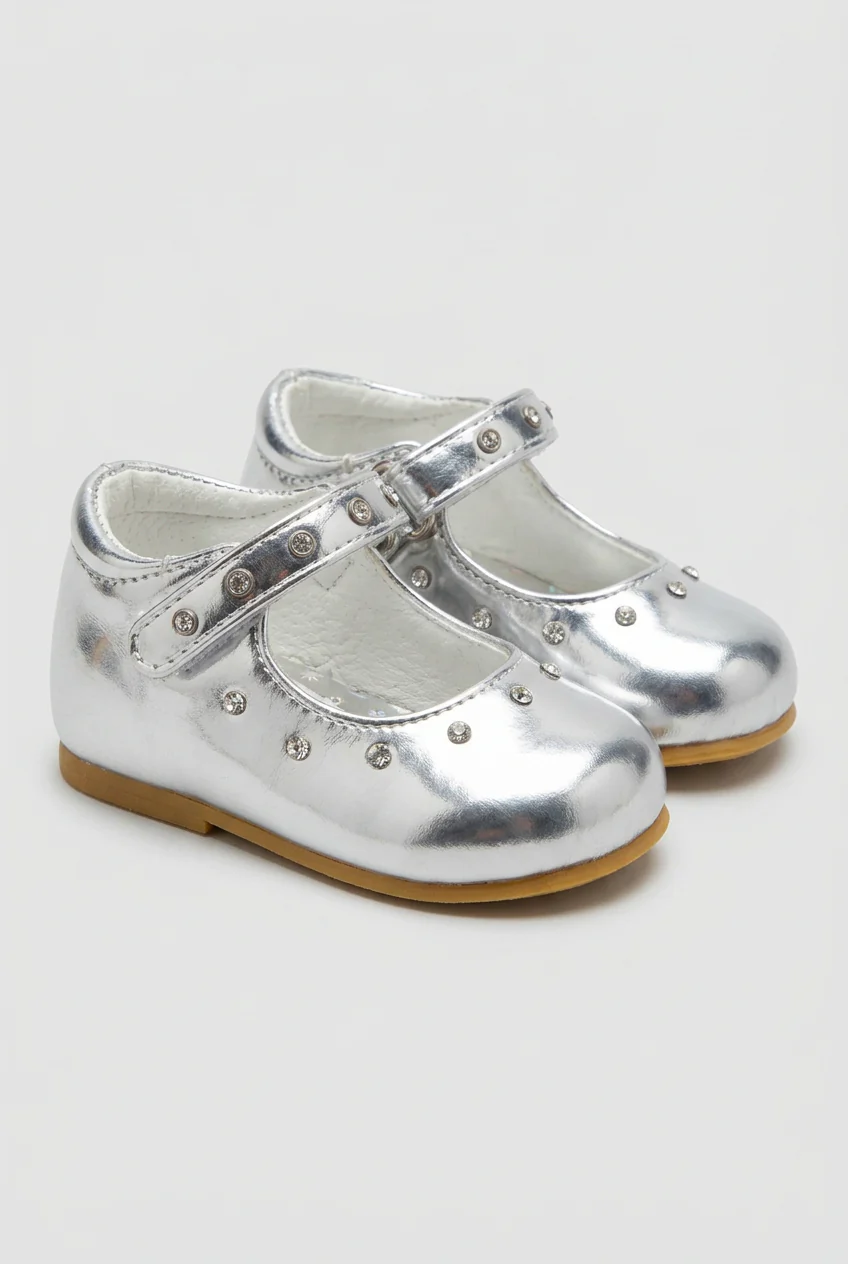 Baby Girls Silver Studded Mary Jane Shoes - Image 3