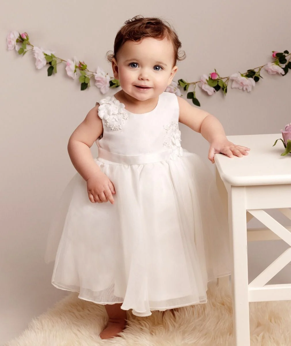 Baby Girls Tulle Dress With Floral Applique - ELISE - Ivory - Image 2