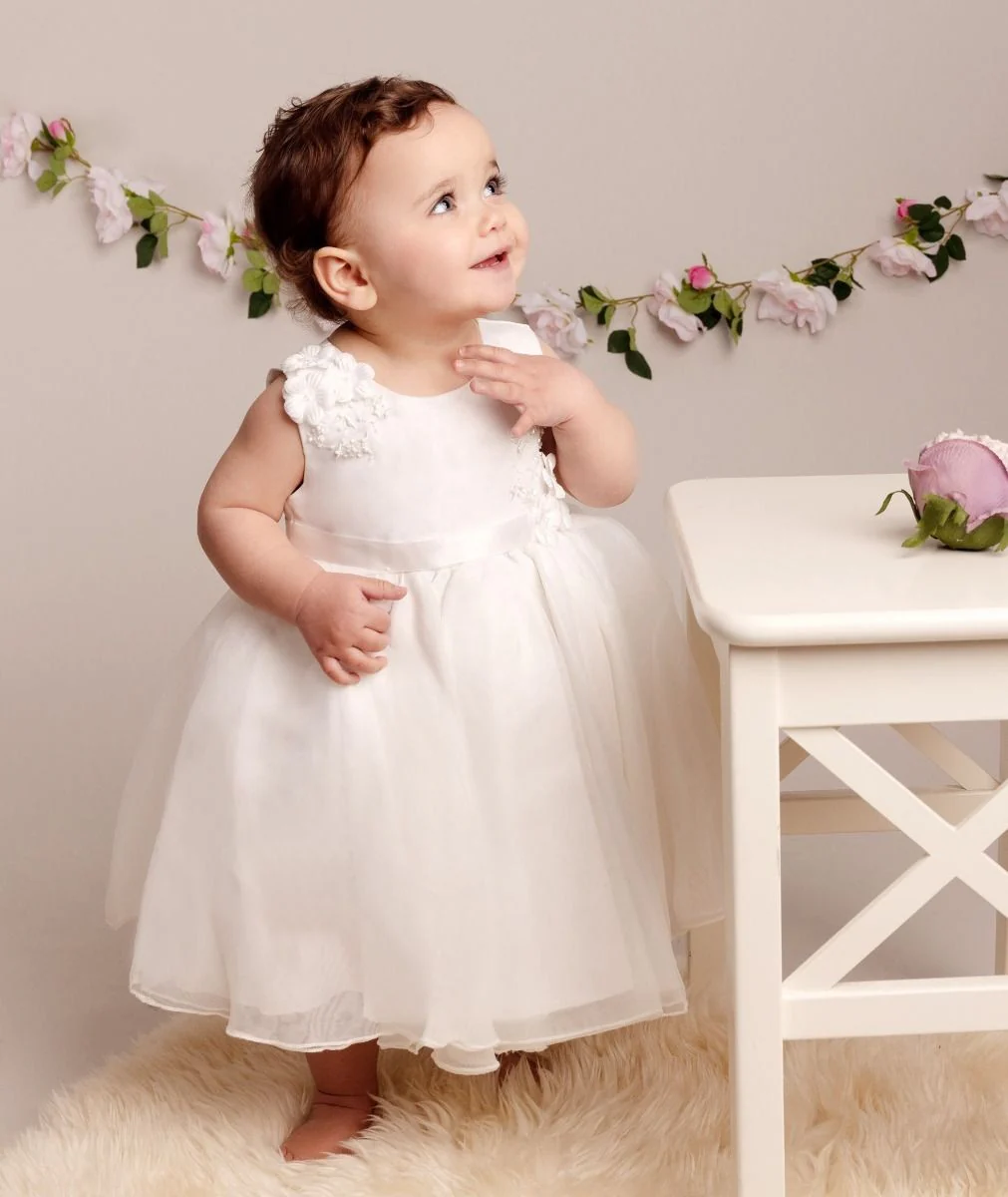 Baby Girls Tulle Dress With Floral Applique - ELISE - Ivory - Image 3