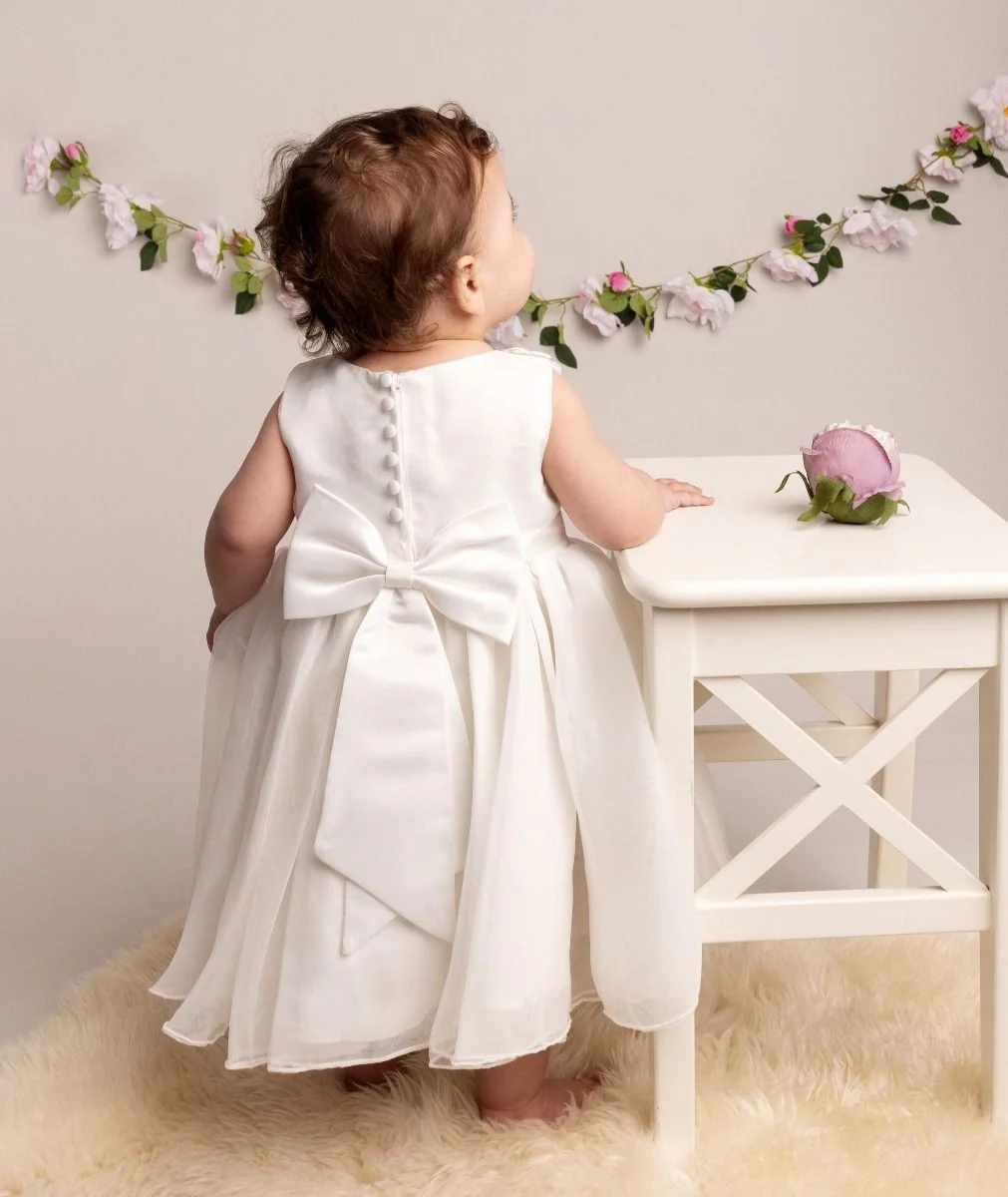 Baby Girls Tulle Dress With Floral Applique - ELISE - Ivory - Image 4