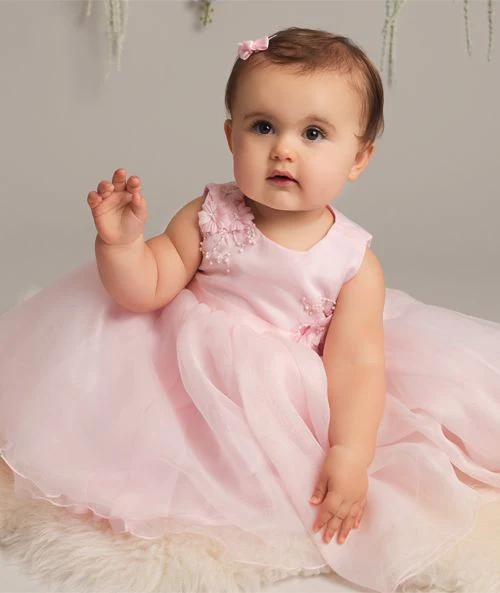 Baby Girls Tulle Dress With Floral Applique - ELISE - Pink - Image 2