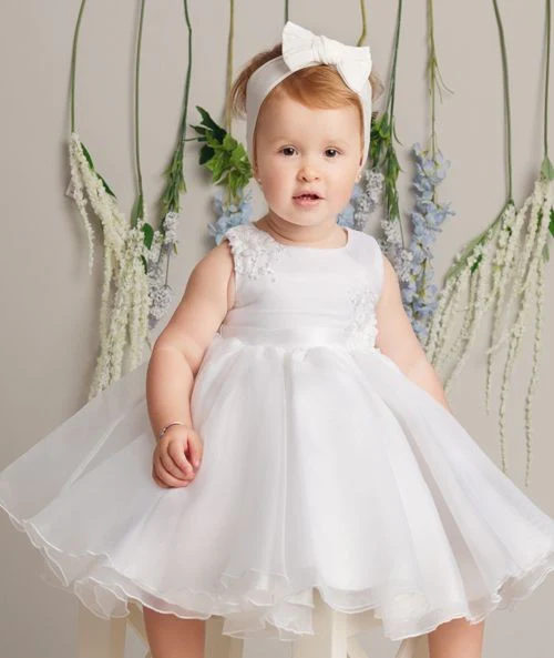 Baby Girls Tulle Dress With Floral Applique - ELISE - White - Image 2
