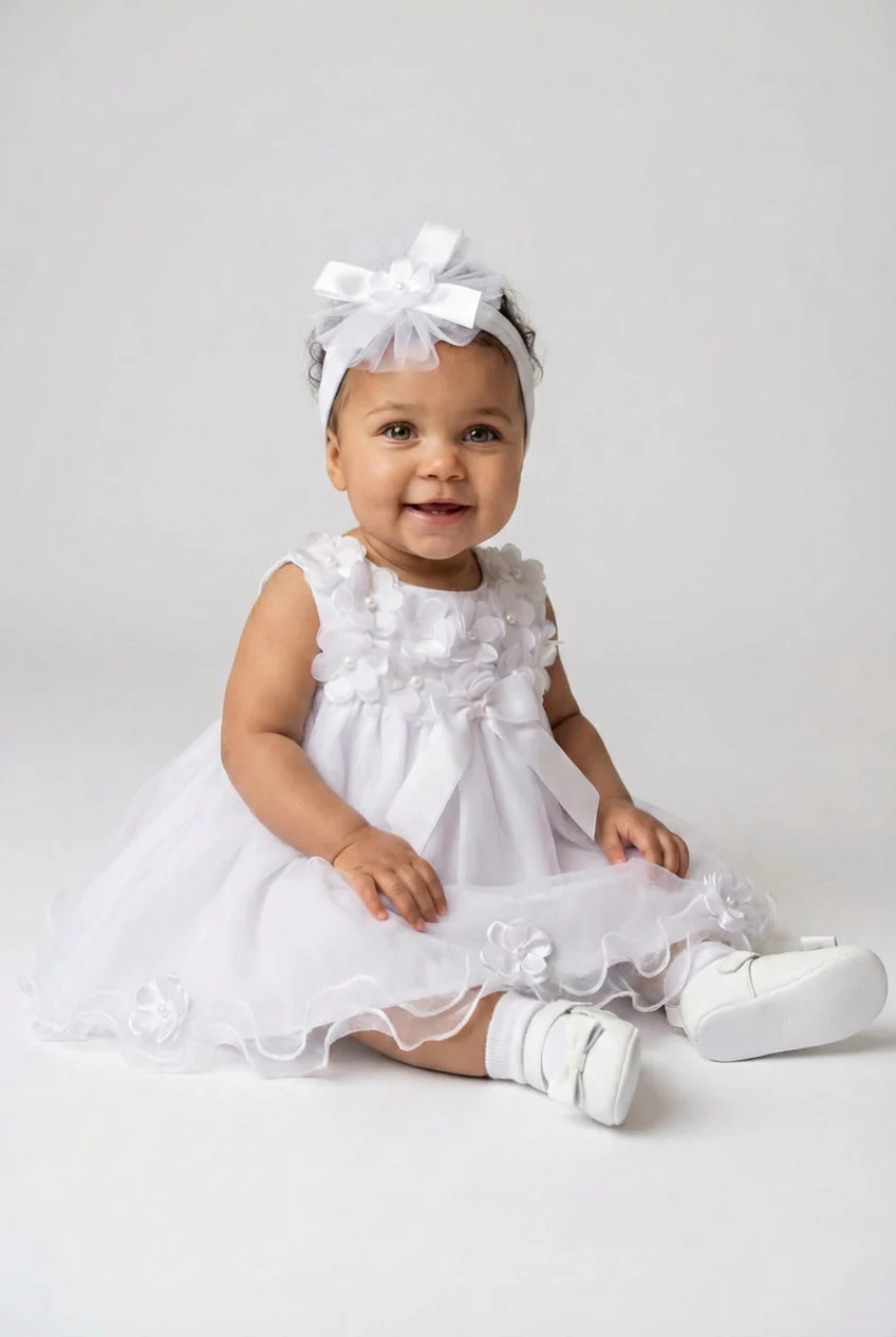 Baby Girls White Floral Appliqués Dress & Headband Set