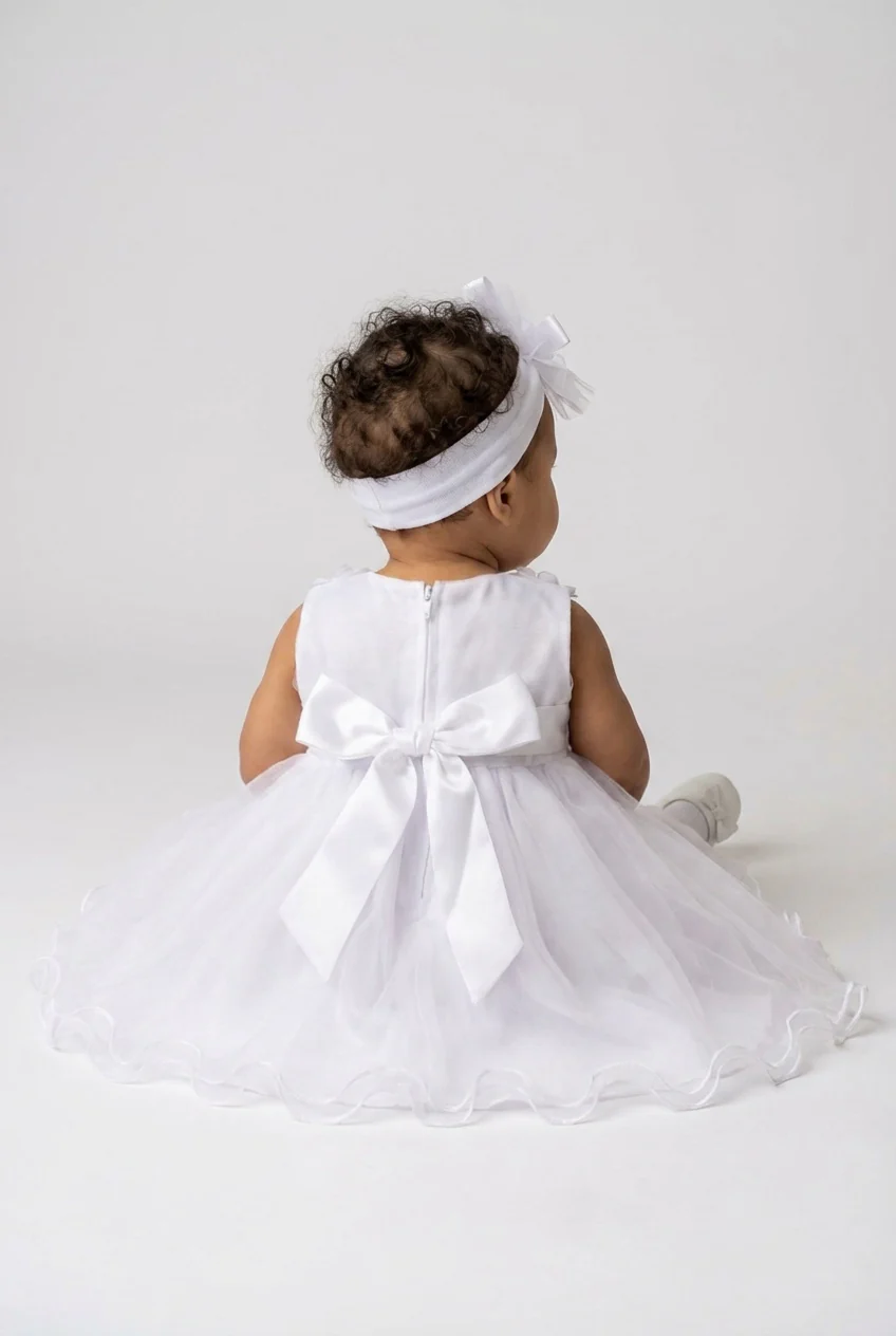 Baby Girls White Floral Appliqués Dress & Headband Set - Image 2