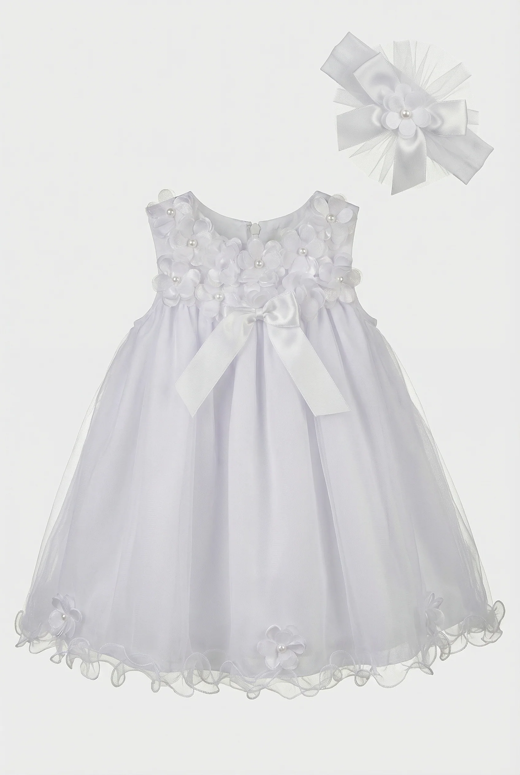 Baby Girls White Floral Appliqués Dress & Headband Set - Image 3