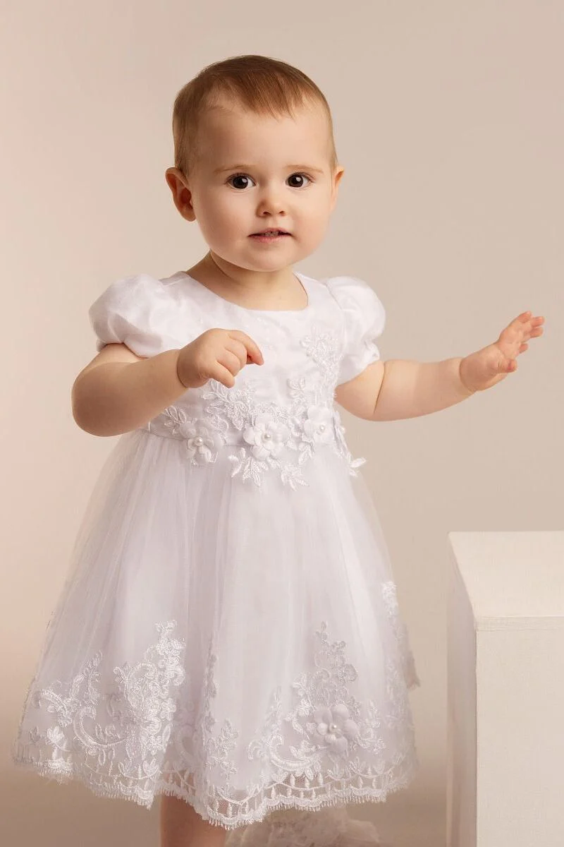 Baby Girls White Floral Lace Christening Dress - Lexi