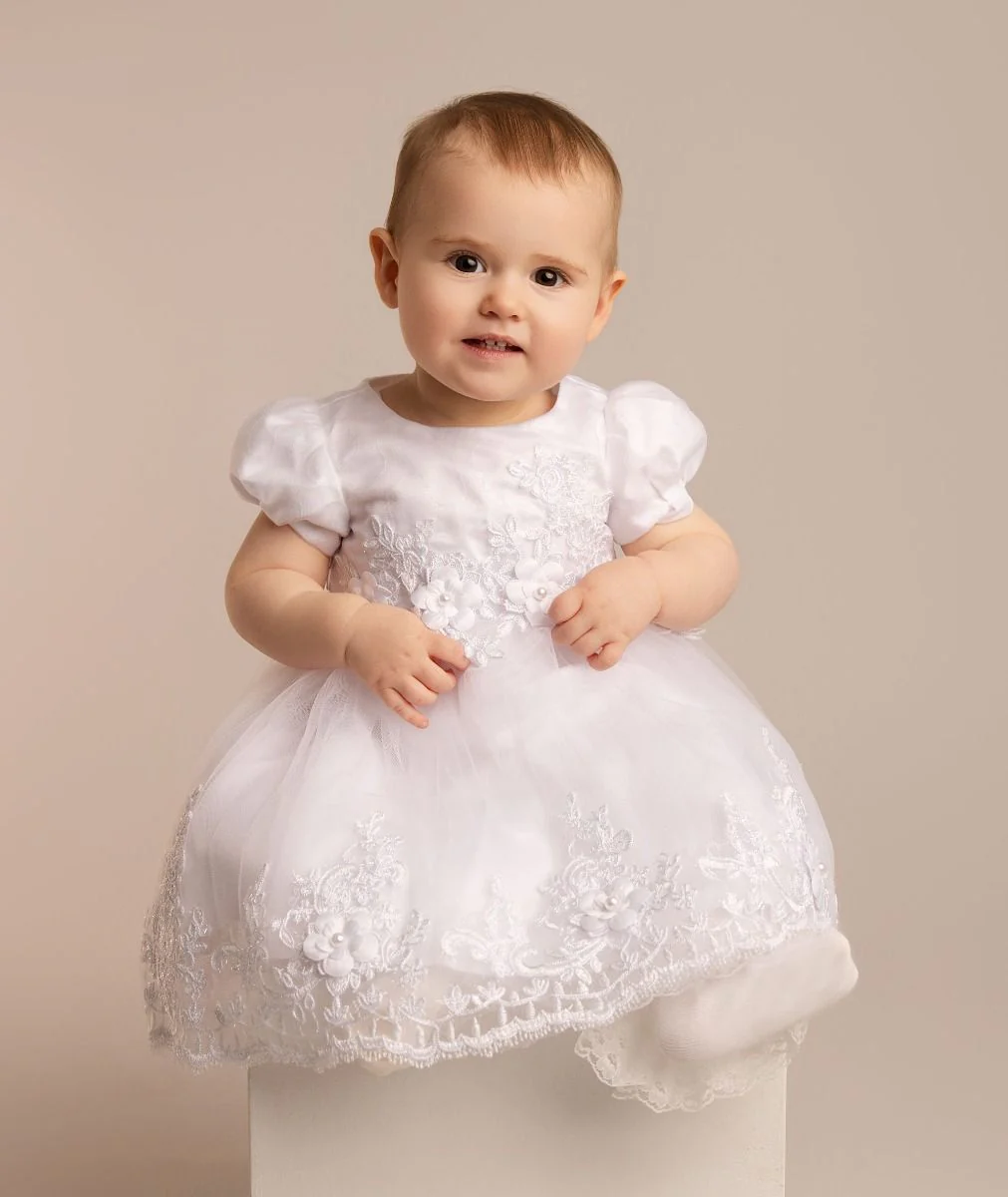 Baby Girls White Floral Lace Christening Dress - Lexi - Image 2
