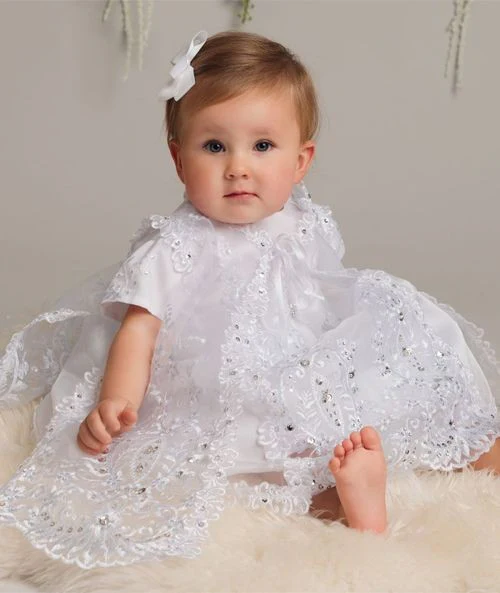 Baby Girls White Sequined Christening Dress Set - L528 - White - Image 4