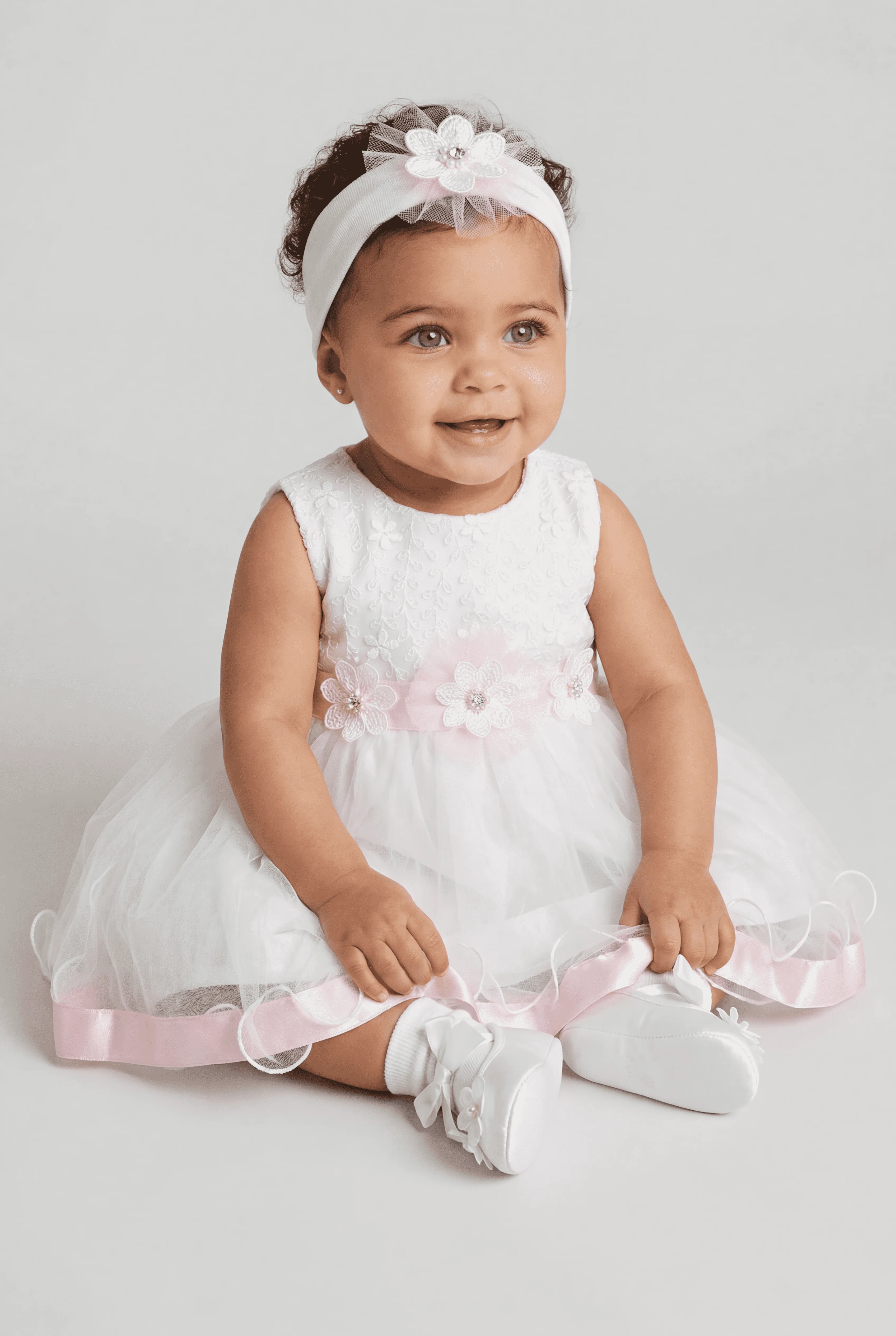 Baby Girls White Tulle Party Dress with Pink Sash & Headband