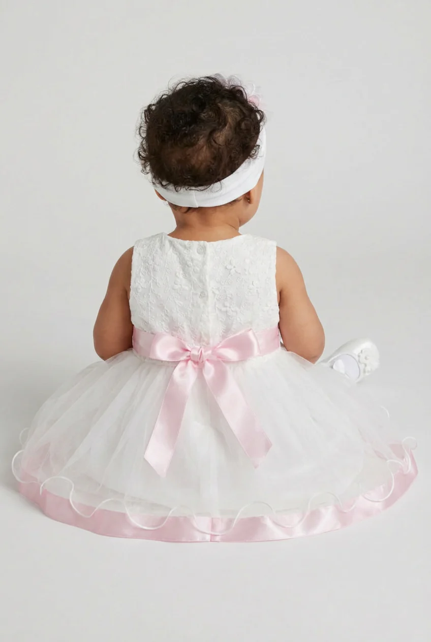 Baby Girls White Tulle Party Dress with Pink Sash & Headband - Image 2