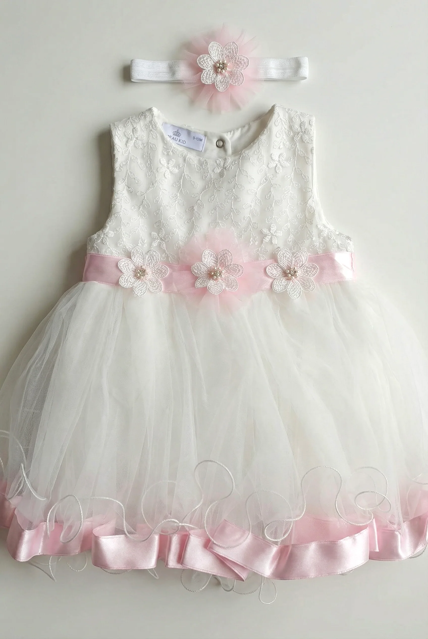 Baby Girls White Tulle Party Dress with Pink Sash & Headband - Image 3