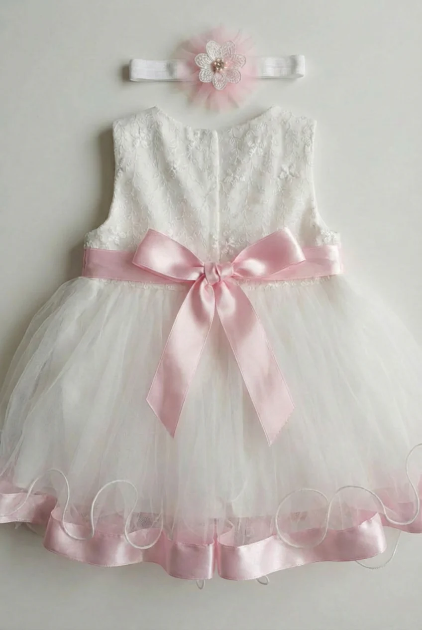 Baby Girls White Tulle Party Dress with Pink Sash & Headband - Image 4