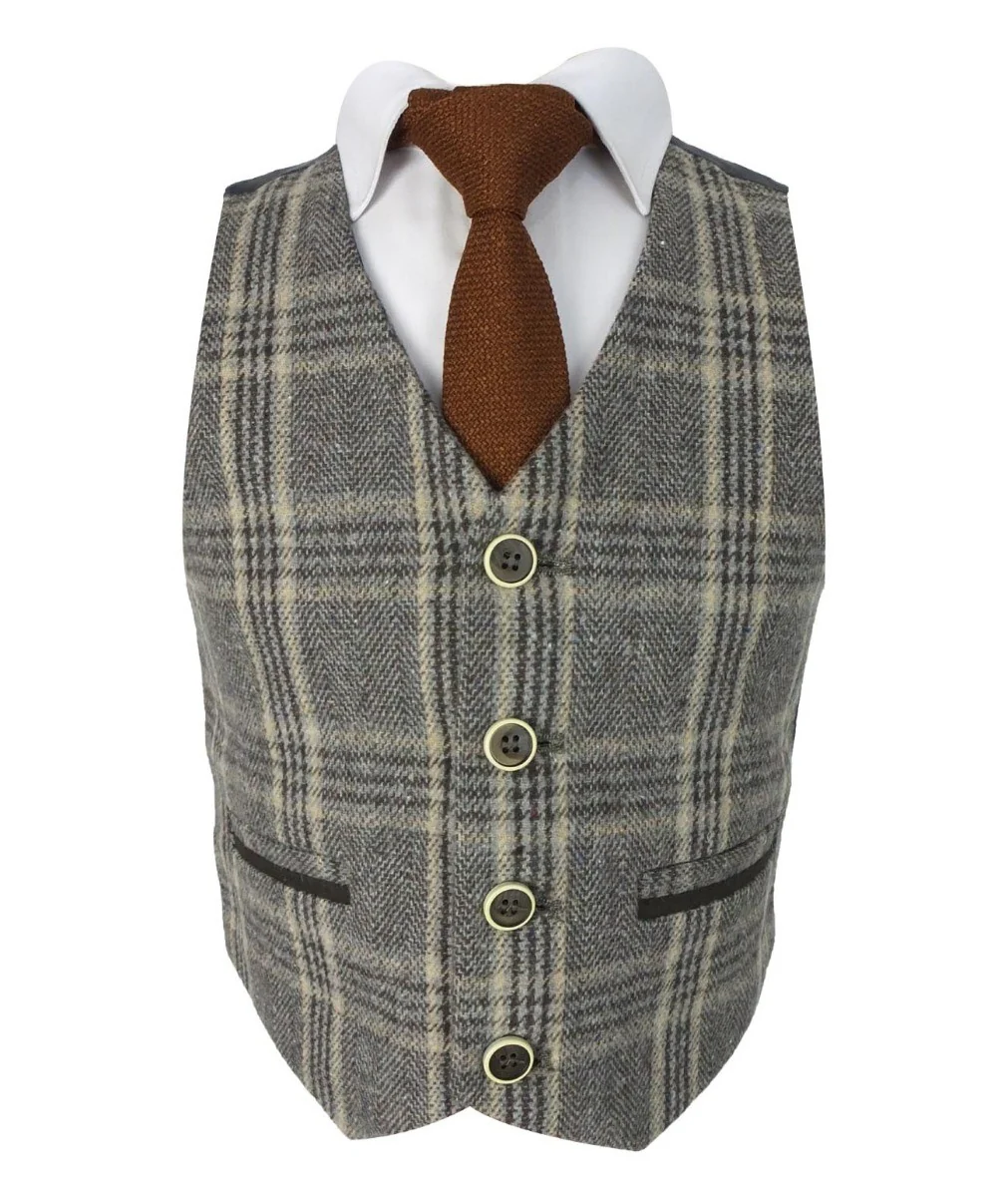 Boys Herringbone Tweed Check Suit with Elbow Patches - LUCAS - Brown - Image 6