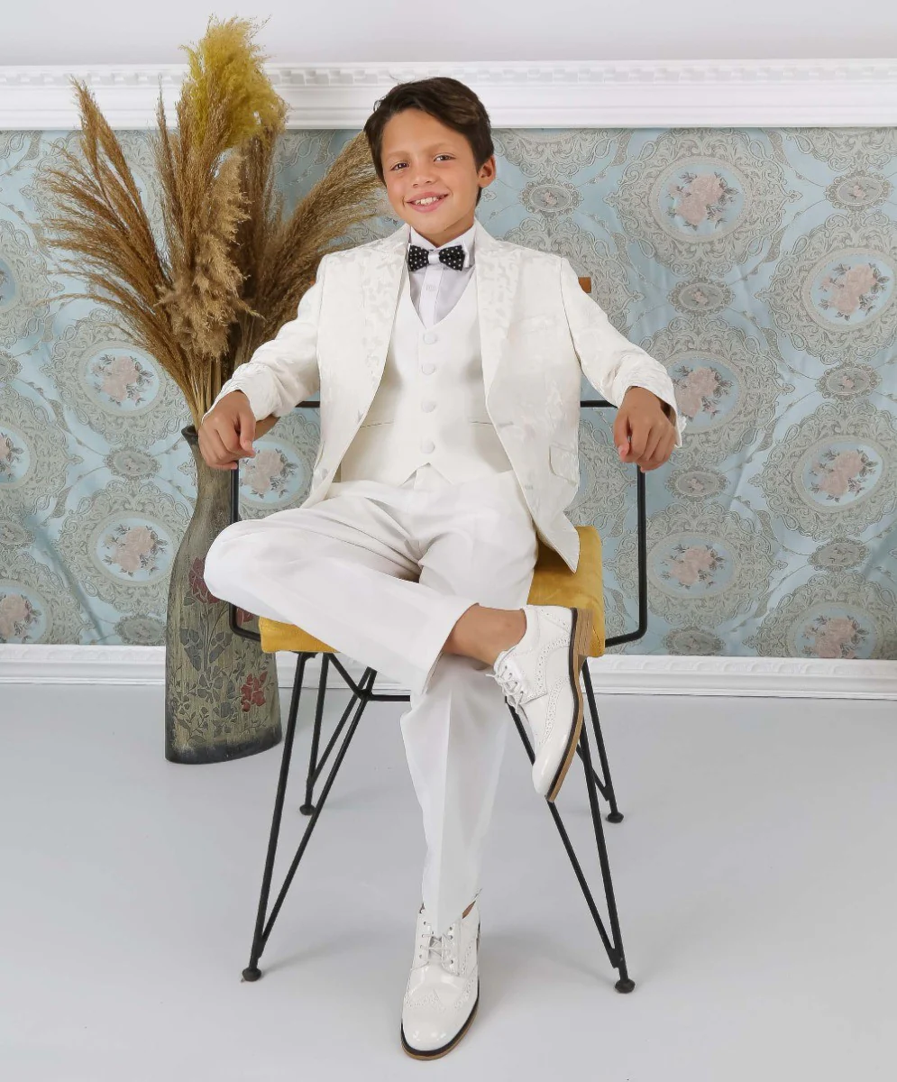 Boys Communion Patterned Slim Fit Suit - CHRISTOPHORUS - Ivory - Image 3