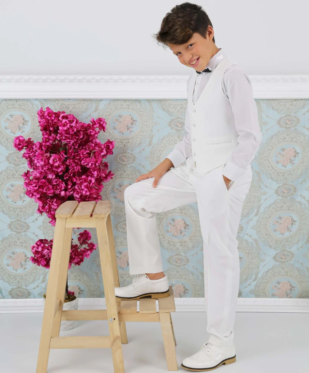 Boys Communion Patterned Slim Fit Suit - CHRISTOPHORUS - Ivory - Image 4