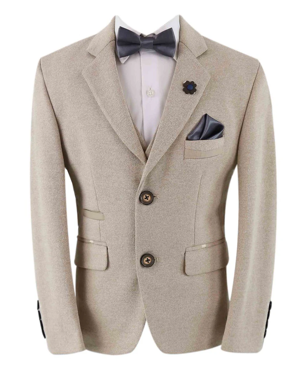 Boys Cotton Slim Fit Blazer and Waistcoat Set - Frank - Beige - Image 4