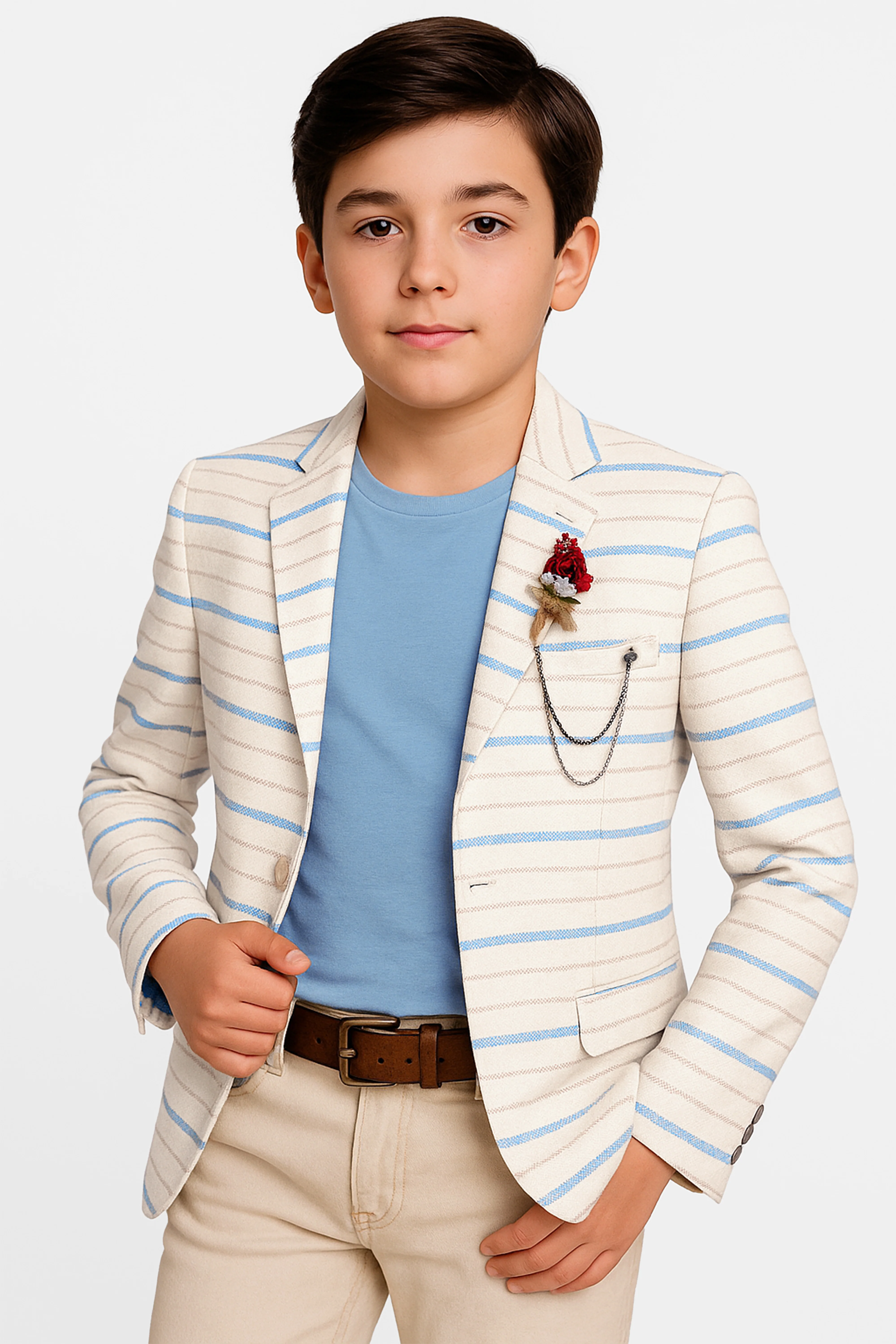 Boys Slim Fit Striped Blazer - Beige - Blue
