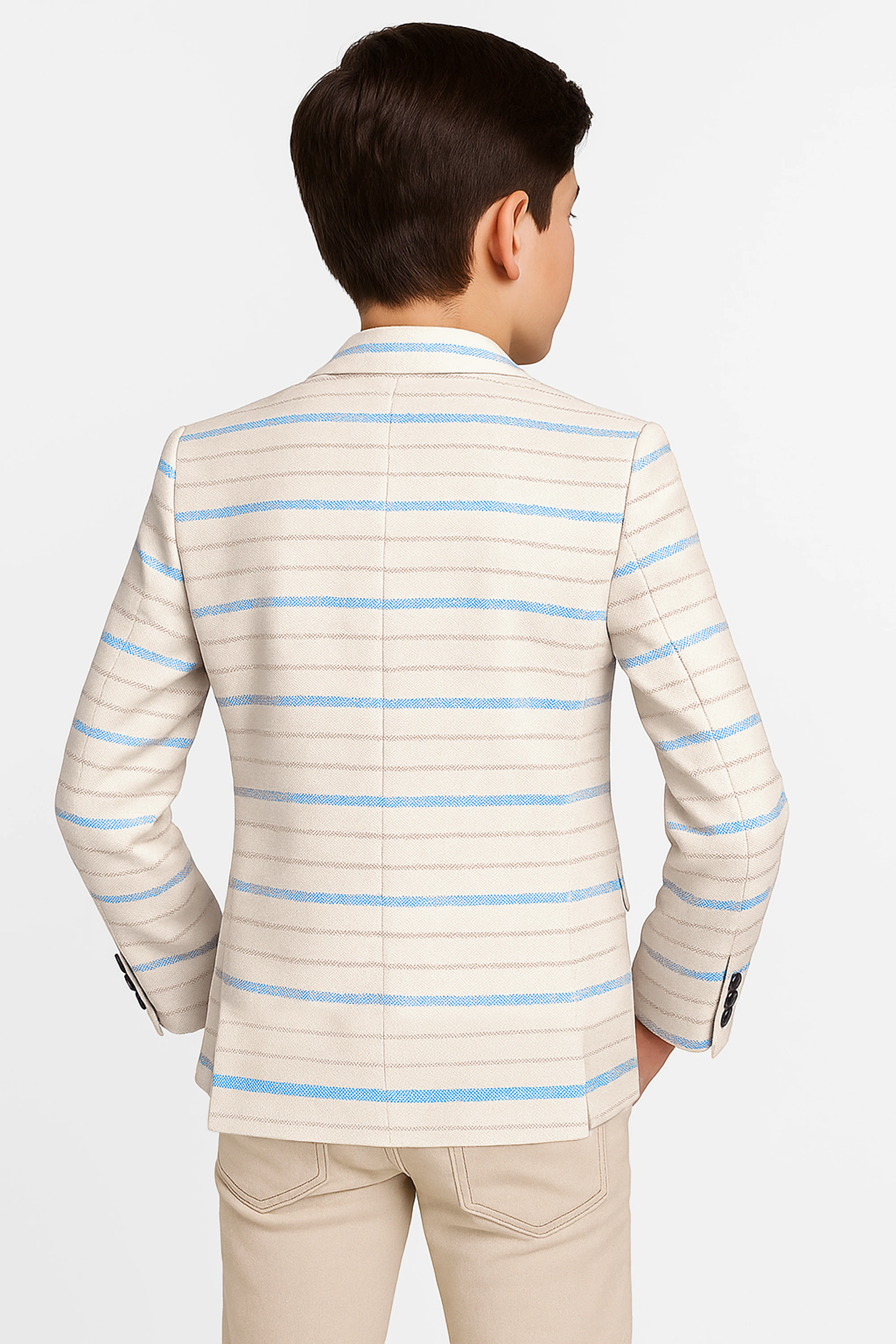 Boys Slim Fit Striped Blazer - Beige - Blue - Image 2