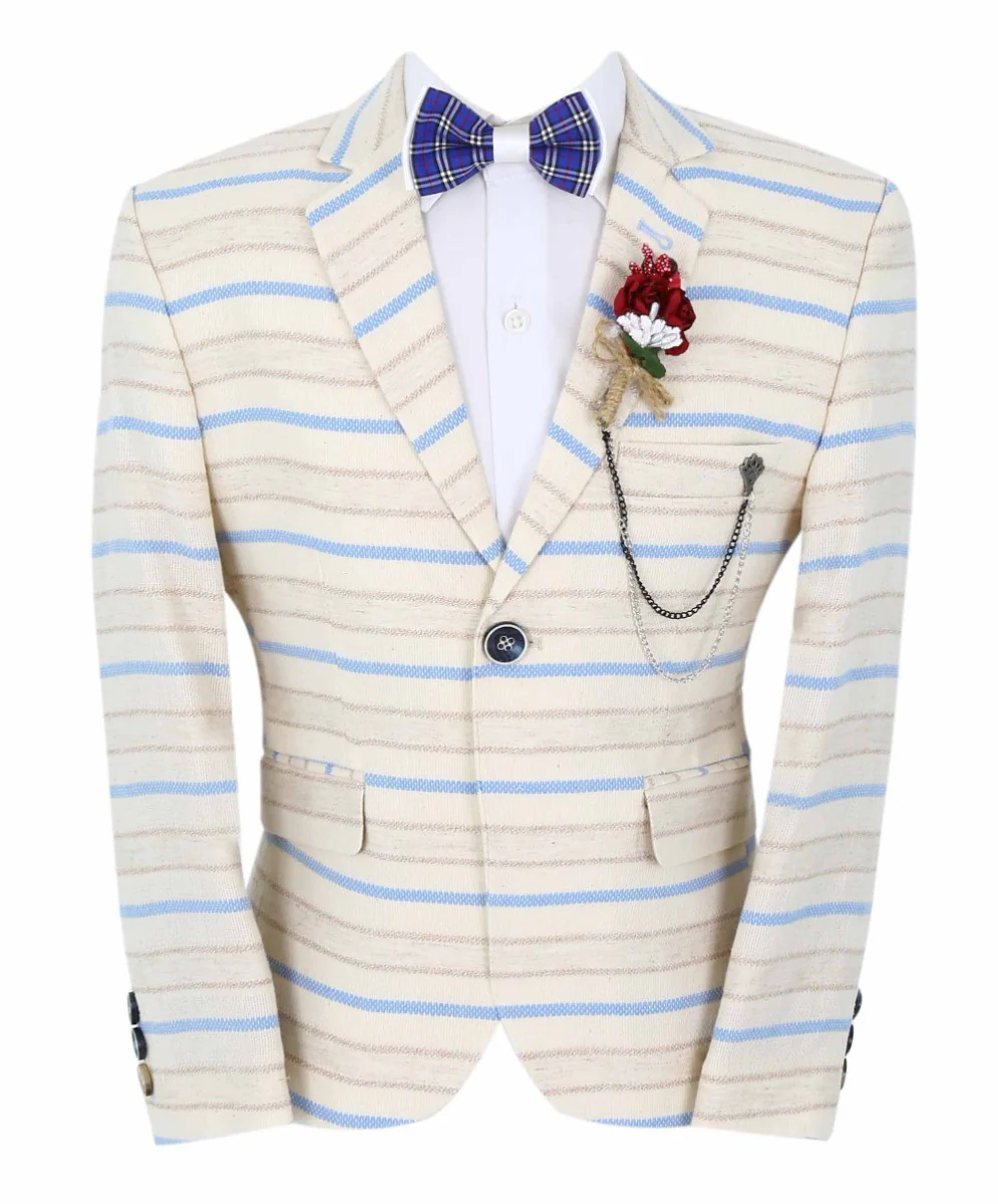 Boys Slim Fit Striped Blazer - Beige - Blue - Image 3