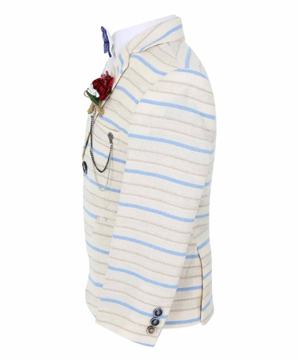 Boys Slim Fit Striped Blazer - Beige - Blue - Image 4