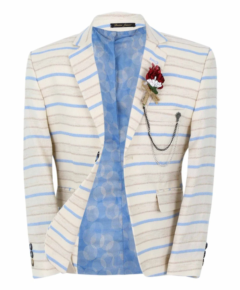 Boys Slim Fit Striped Blazer - Beige - Blue - Image 5