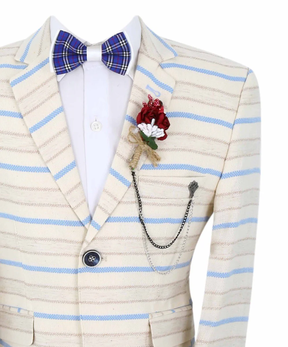 Boys Slim Fit Striped Blazer - Beige - Blue - Image 6