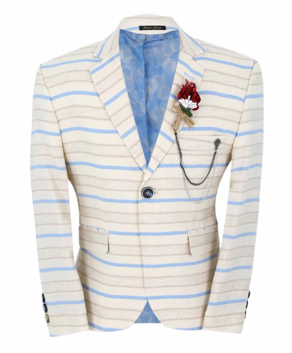 Boys Slim Fit Striped Blazer - Beige - Blue - Image 7