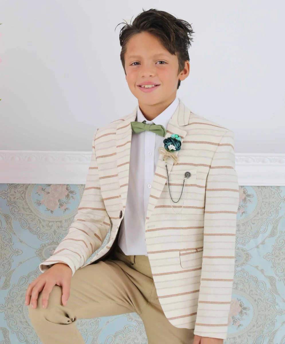 Boys Slim Fit Striped Blazer - Beige - Brown - Image 8