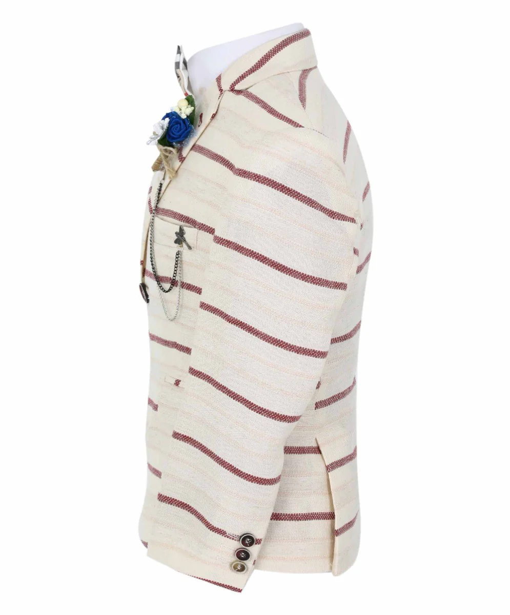 Boys Slim Fit Striped Blazer - Beige - Burgundy - Image 4