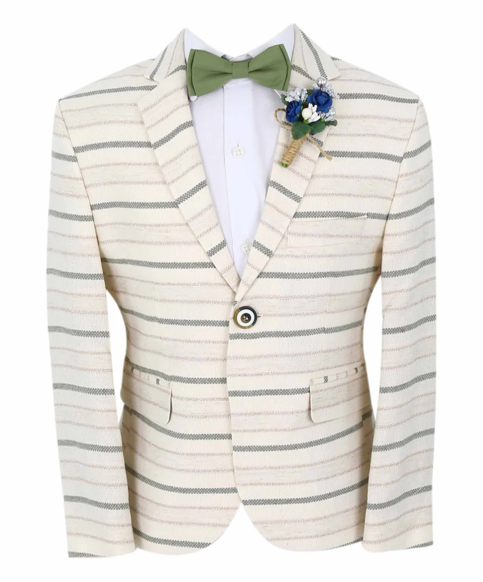 Boys Slim Fit Striped Blazer - Beige - Green - Image 3