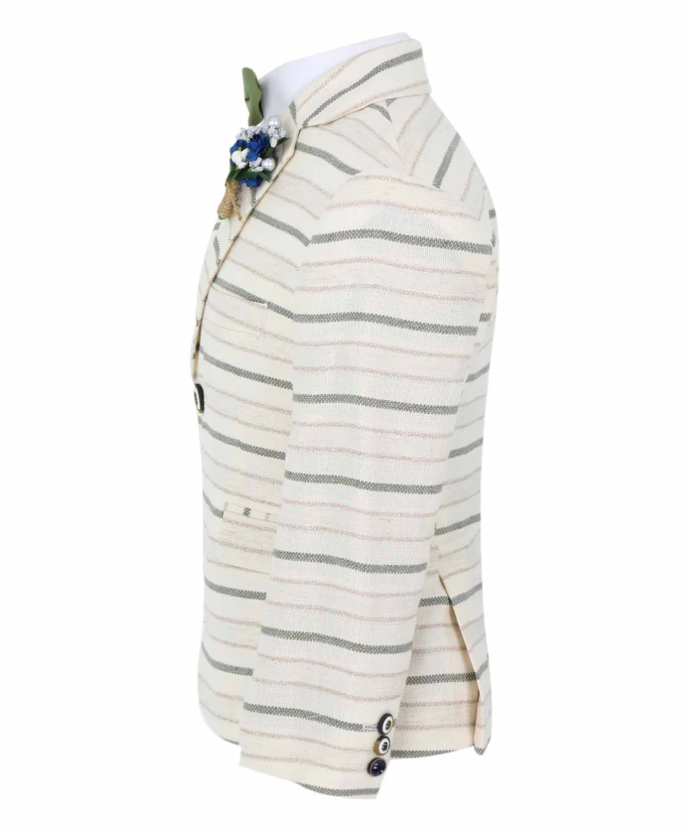 Boys Slim Fit Striped Blazer - Beige - Green - Image 4