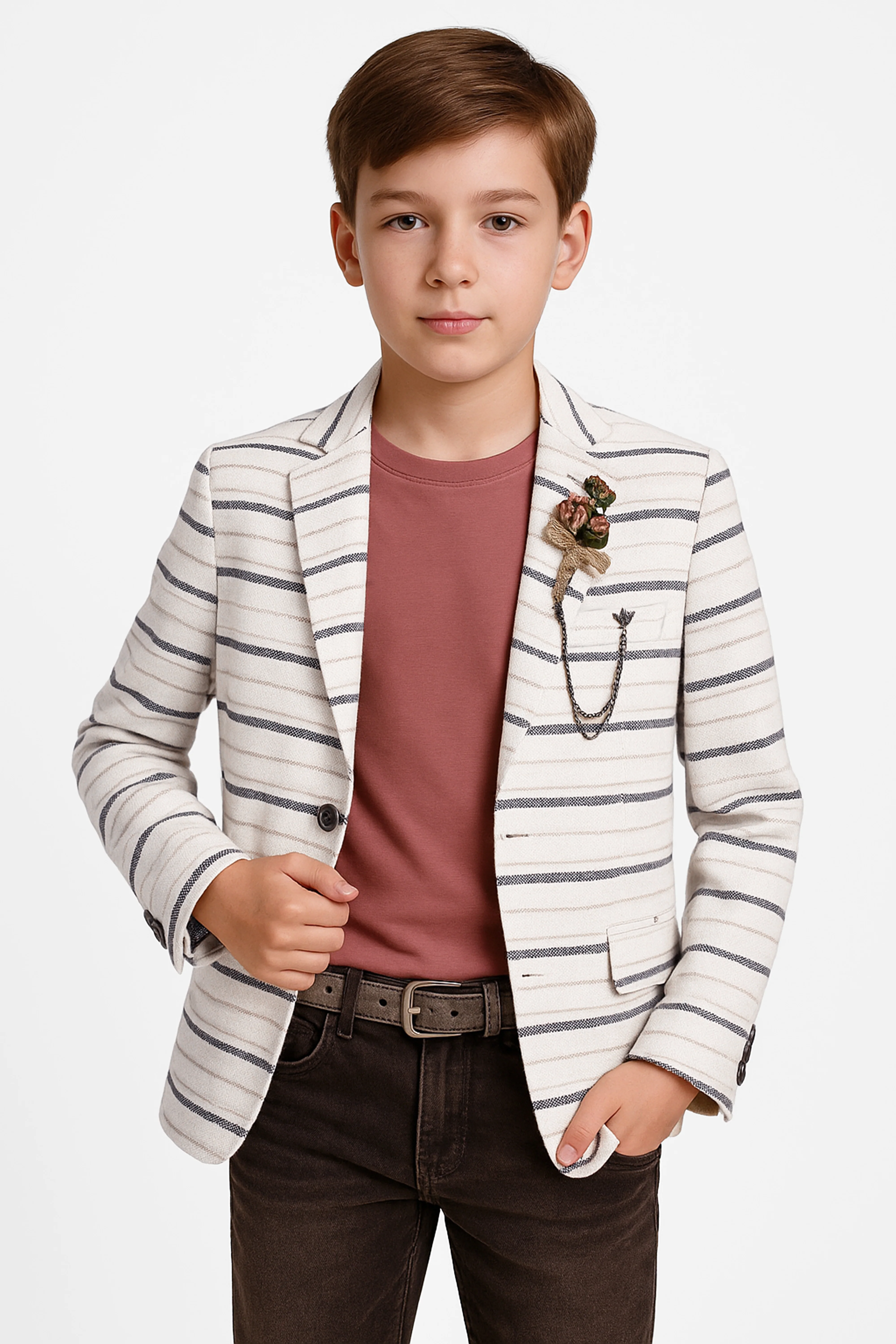 Boys Slim Fit Striped Blazer - Beige - Navy Blue